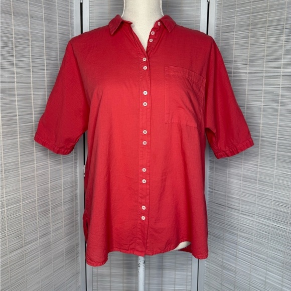 Xirena Red/Coral Botton Down Short Sleeve Blouse Size S 100% Cotton Made in USA - Picture 1 of 8